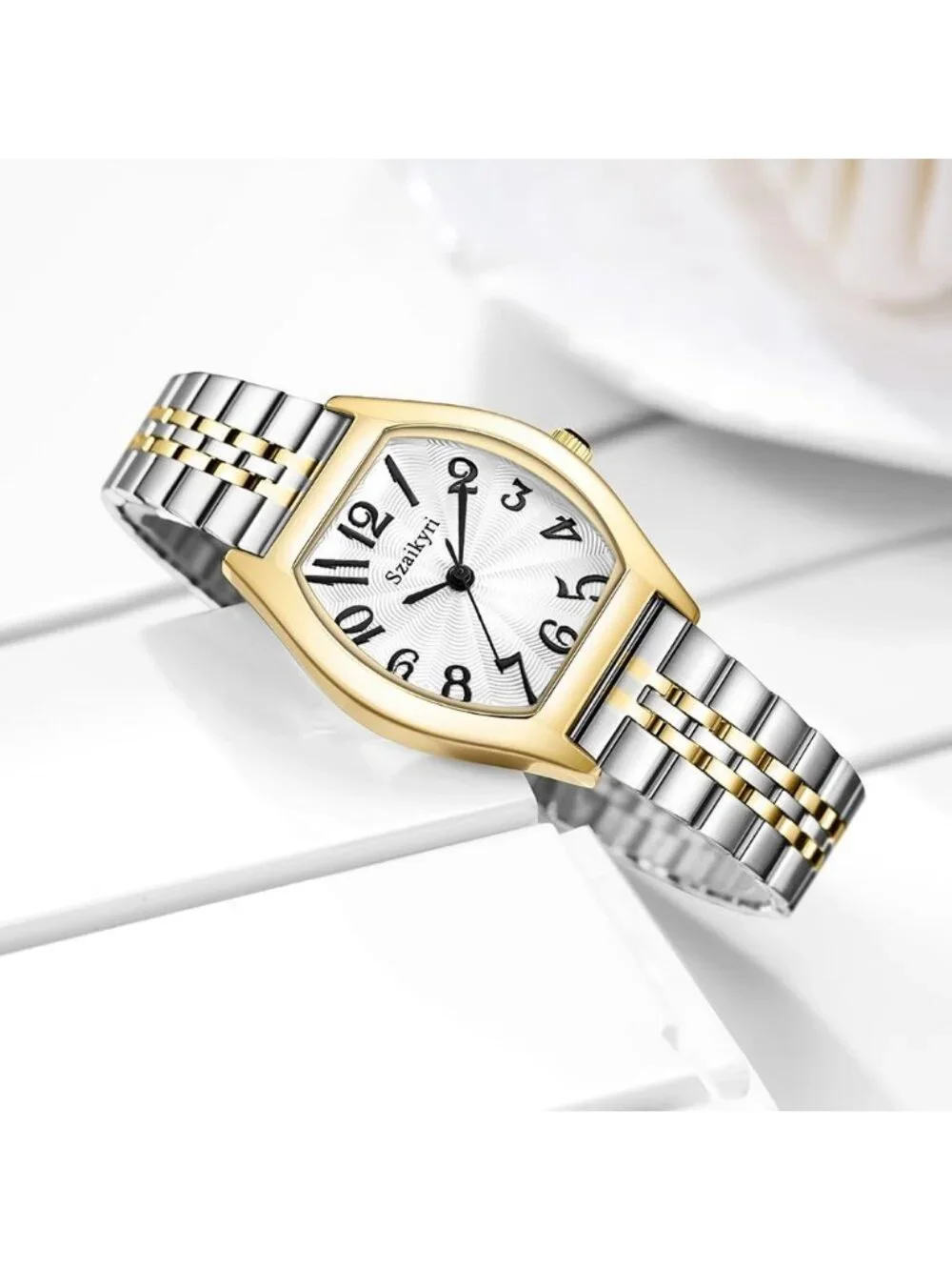 Women's Silver & Gold-Black  Barrel-Shaped Easy Read Arabic Numerals Dress Watch